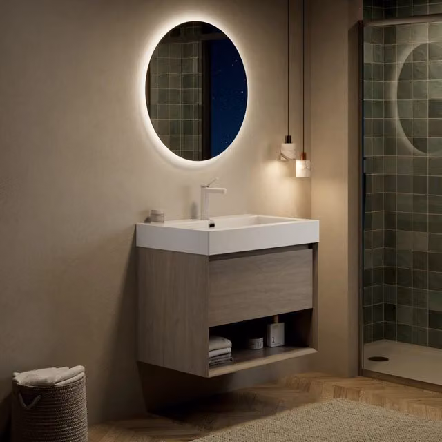 Mobile sottolavabo con lavabo in resina cassetto e ripiano aperto per bagno in multistrato rovere chiaro bianco