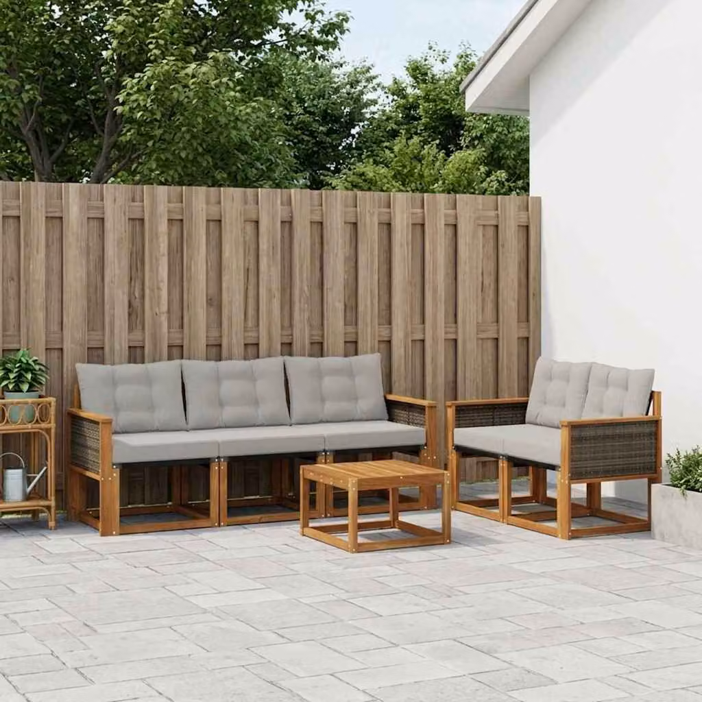 vidaXL Set di divani da esterno a L composto da 7 pezzi in legno di acacia e tessuto textilene, colore beige e grigio con cuscini inclusi