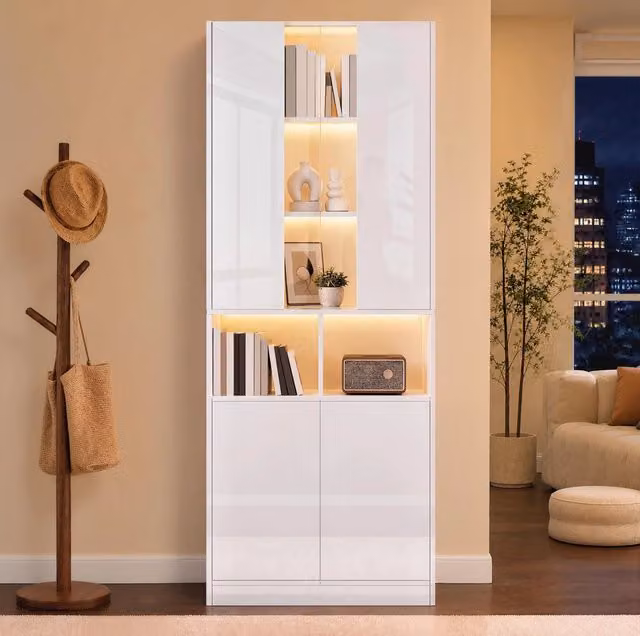 Mobile controllato armadio alto bianco con LED, ante doppie e vetro acrilico, 70x35x180 cm