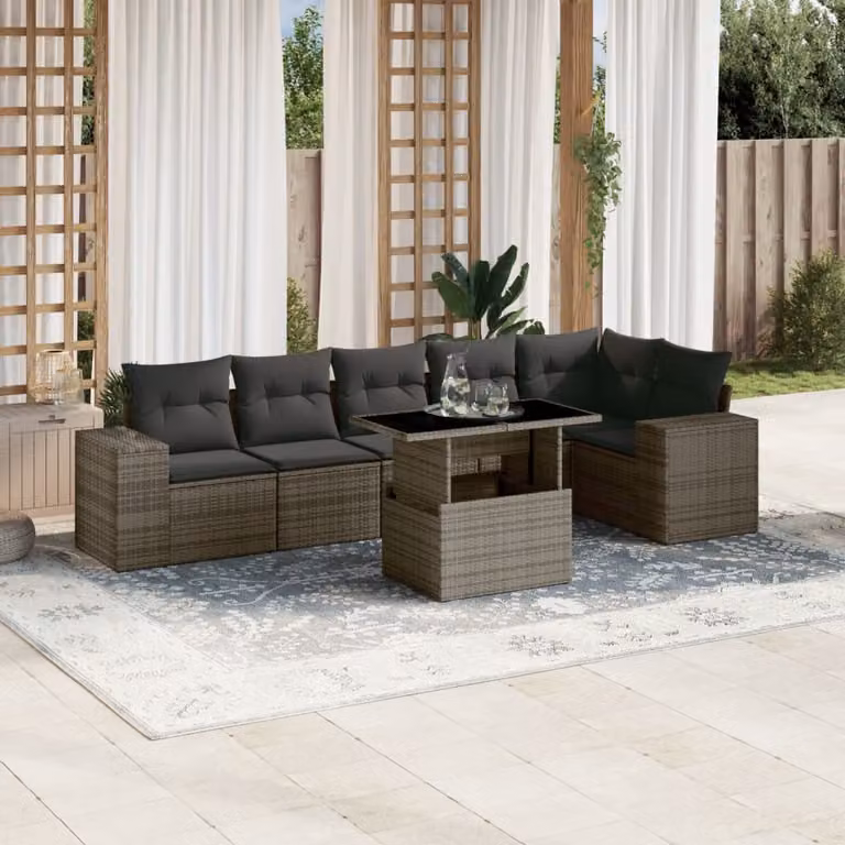 Set di divani da giardino vidaXL in polyrattan grigio con cuscini, tavolino e pouf, design moderno a L