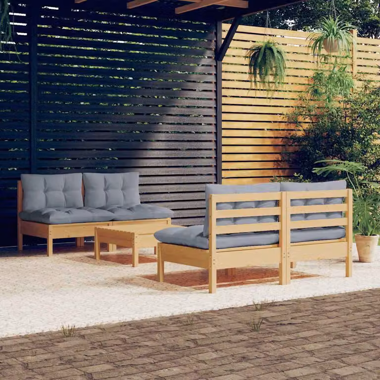 vidaXL Set Divani da Giardino 5 Pezzi in Legno di Pino Trattato con Cuscini Grigi Moderni