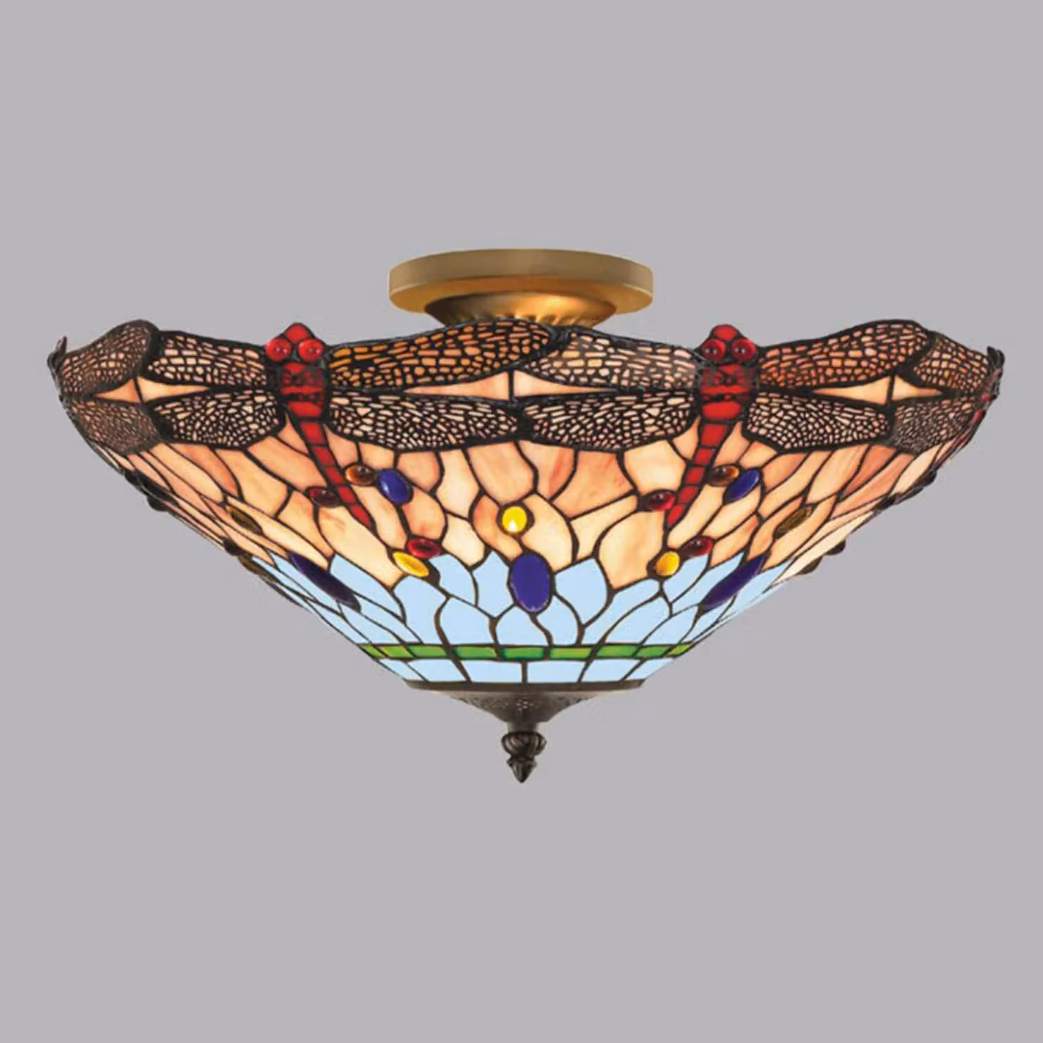 Searchlight Plafoniera Tiffany Dragonfly, dimmerabile, Multicolore, Soggiorno / Sala da pranzo, Vetro, Tiffany, Plafoniera