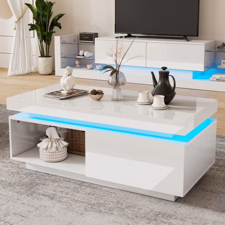 STILVORA Tavolini da salotto, tavolini da supporto, tavolino da soggiorno, set di tavolini lucidi con illuminazione a LED, tavolino da salotto rettangolare con cassetti, bianco