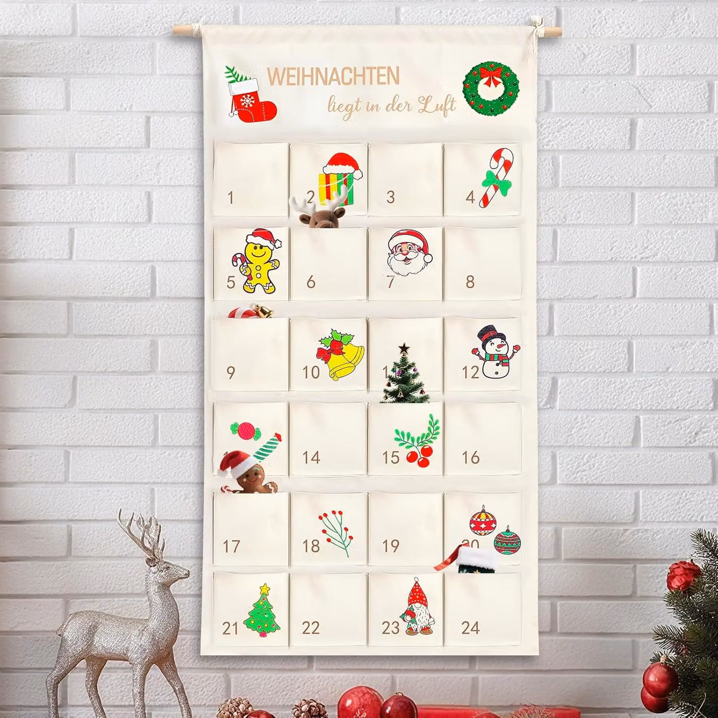 Calendario dell'Avvento 2025 da riempire - 100 x 50 cm - Calendario dell'Avvento 2025 - Calendario natalizio da appendere e riempire personalmente - Realizzato in tessuto - Riutilizzabile