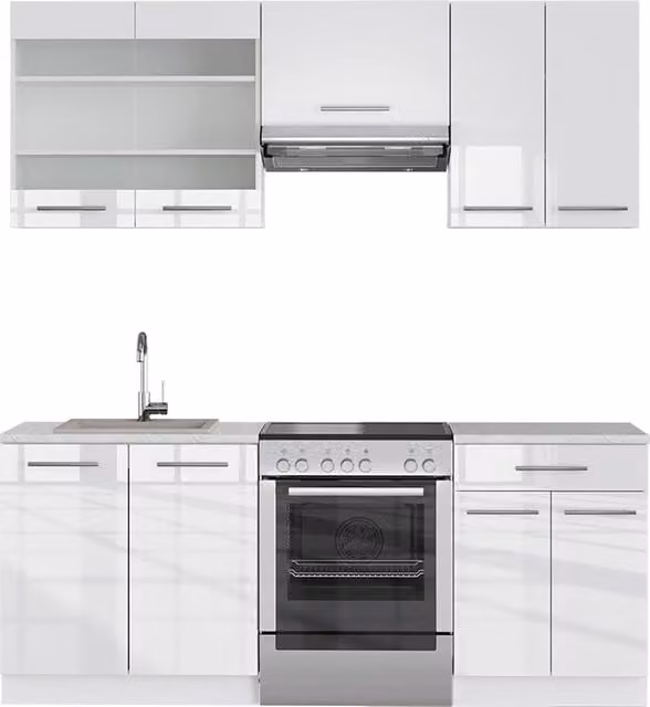 Cucina componibile Fame-Line Bianco lucido/Bianco 200 cm, PL Marmo Vicco