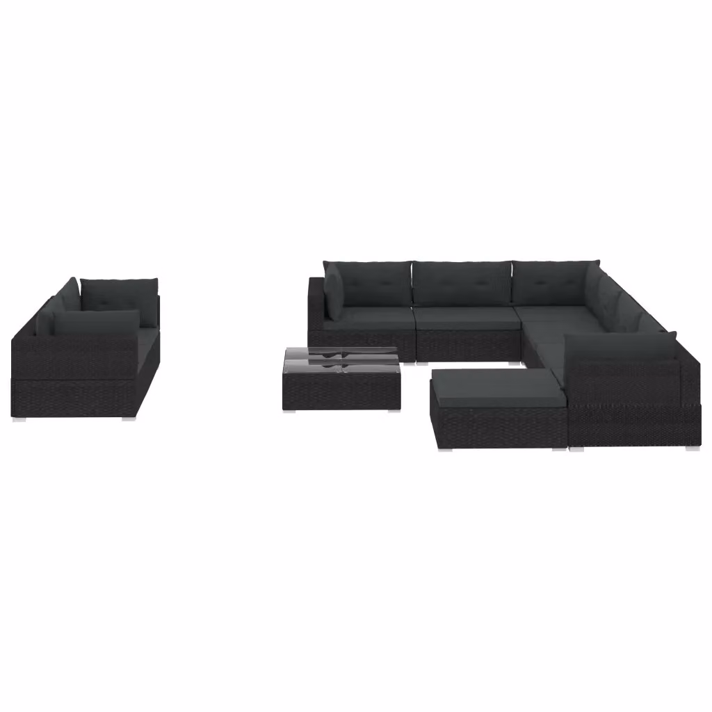 Set da giardino moderno vidaXL composto da 10 pezzi con cuscini e tavolino, struttura in polyrattan nero e metallo con telaio in acciaio verniciato a polvere – 2