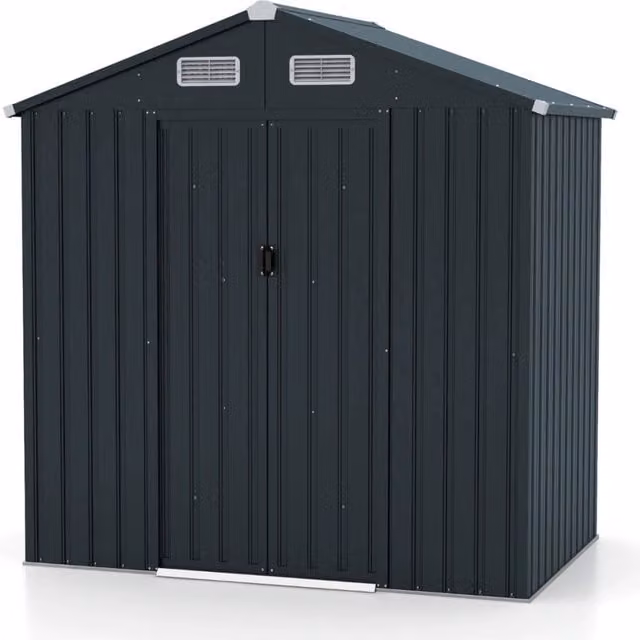 Casa per attrezzi con design a tetto inclinato ventilazione, Casetta da giardino 193x129x197cm Grigio scuro