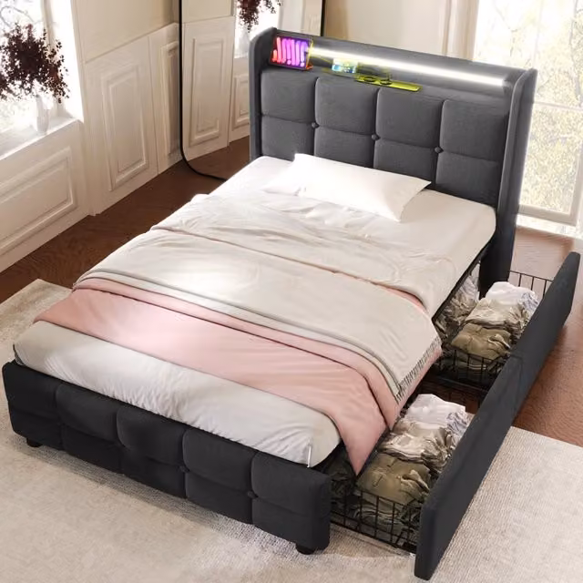 Letto singolo 90 × 200 cm con 2 cassetti, illuminazione LED, prese USB e mensola, senza materasso, grigio