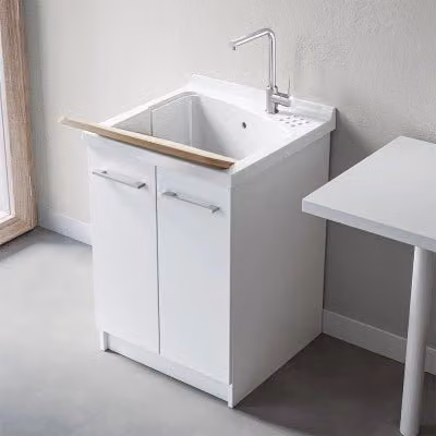 Mobile lavatoio Revine bianco con vasca in ceramica Dolomite e asse in legno L: 61 cm, P: 50 cm