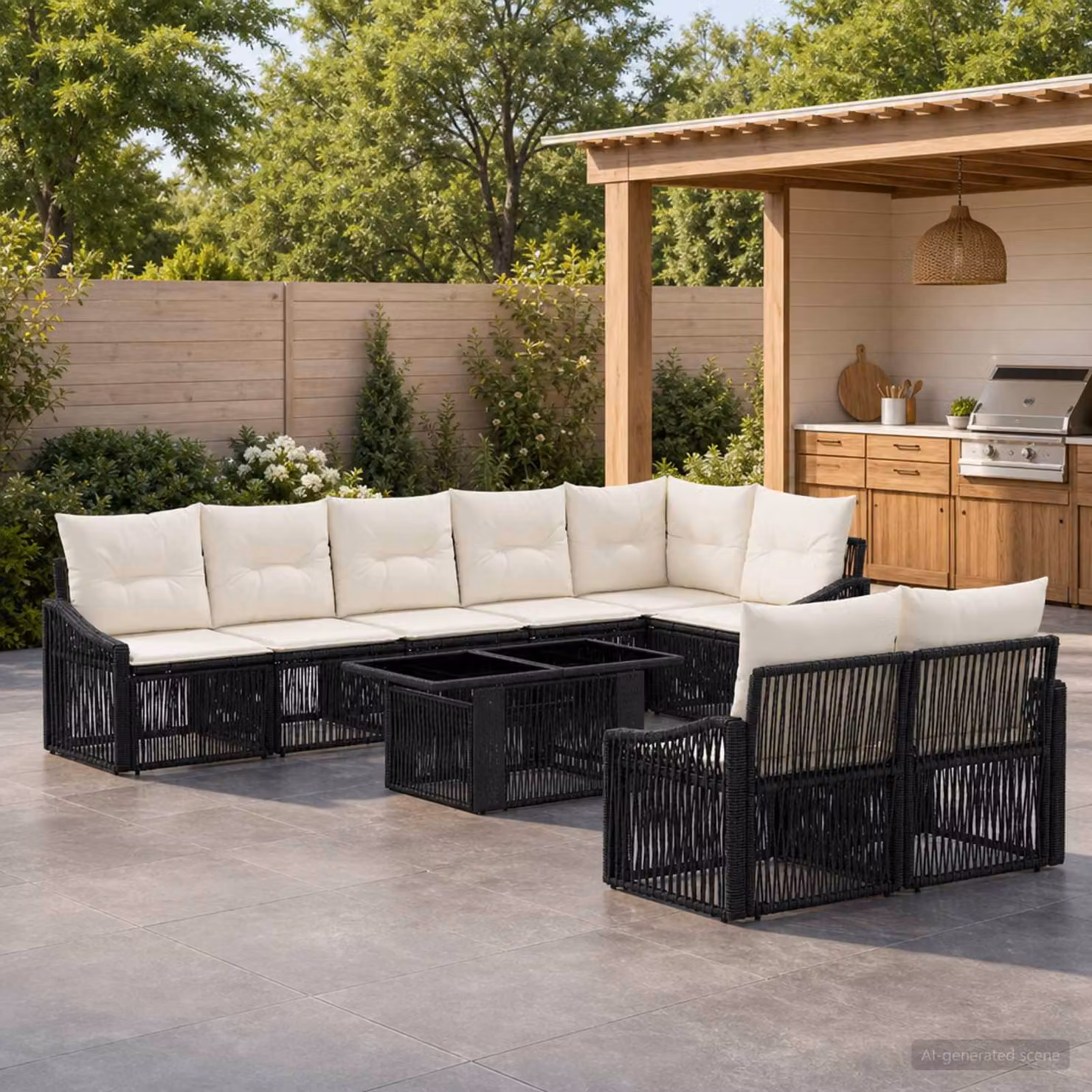 Set Divano da Giardino vidaXL 9 pz a forma a U in Polyrattan con Tavolino e Cuscini, Nero e Bianco Crema