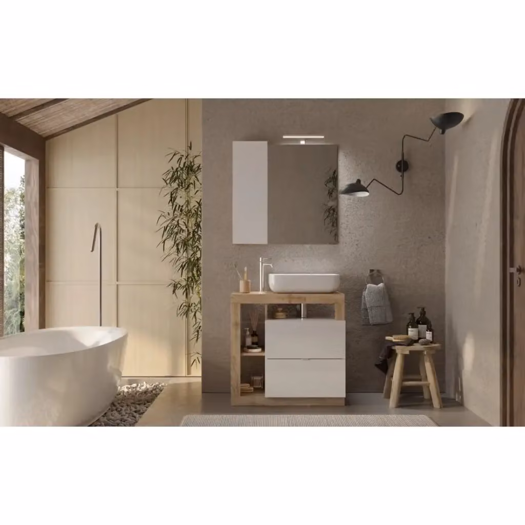 Mobile da bagno sospeso Meublorama con cassetti e ante, design moderno, bianco lucido e quercia, L: 79 cm – 2