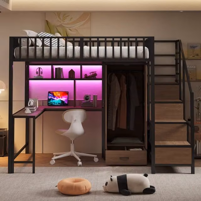 Letto a soppalco MIVRAY nero con scrivania, armadio, cassetti, scala contenitore, illuminazione LED e porte USB e Type-C, L/P: 140 x 200 cm