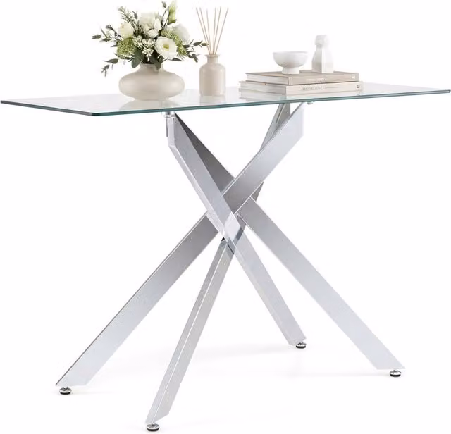 Tavolino consolle moderno DESIGN IN con piano in vetro temperato trasparente e struttura metallica argento, L: 115 cm, P: 50 cm, H: 78 cm