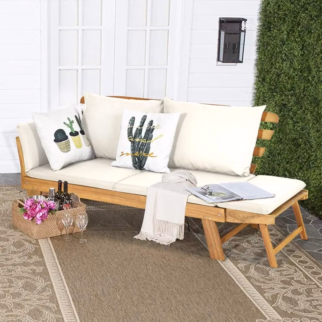 Divano letto da esterno Costway in legno di acacia con braccioli regolabili e cuscini, chaise longue pieghevole per giardino e piscina, Beige o Bianco – 2