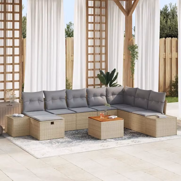 Set Divano da Giardino vidaXL 9 Pezzi Beige con Cuscini e Tavolino in Polyrattan e Acciaio