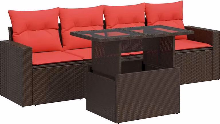 Set Divano da Giardino 5 pz Cuscini Marrone Polyrattan e Acacia