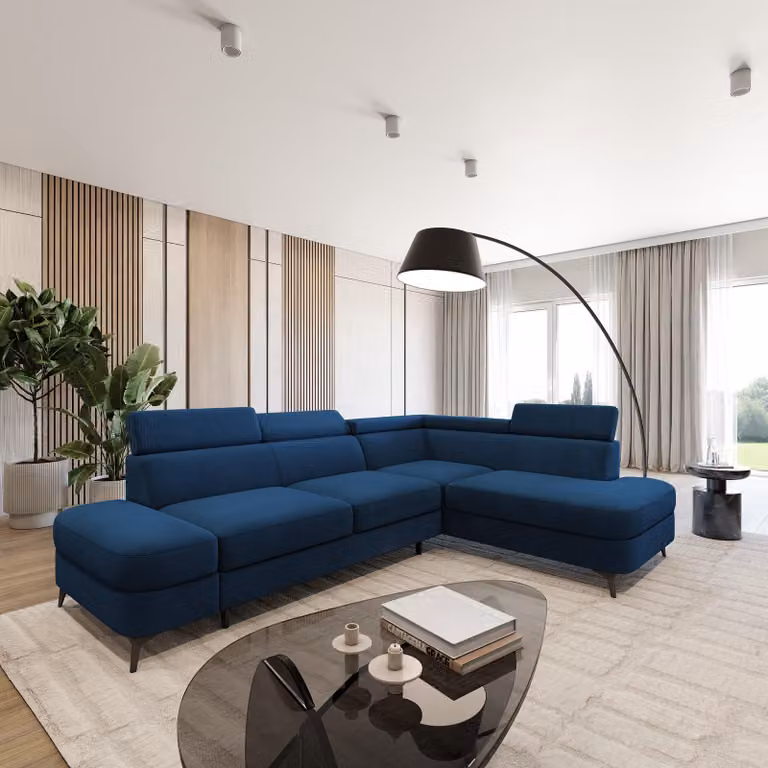 Divano ad angolo Masseno AVISE MV R-S con funzione letto a L, divano con contenitore, divano da salotto, divano, divano letto, set divani - Blu, MATT VELVET 79