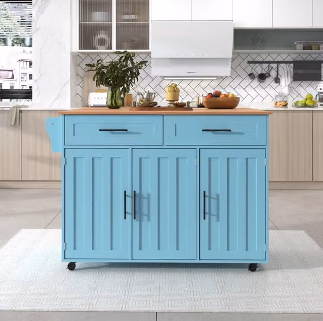 Carrello da cucina pieghevole blu con piano estensibile