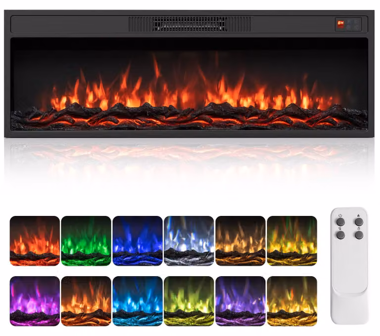 COSTWAY, camino elettrico da 40 pollici, riscaldamento da 750W/1500W, termostato da 18°C a 35°C, camino decorativo con 13 colori di fiamma, 3 livelli di luminosità, telecomando, touchscreen e timer