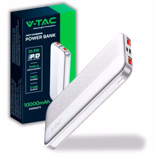 V-TAC Power Bank 10000mAh, Ricarica Rapida PD 22.5W, USB-A, USB Type-C, Micro USB, Bianco