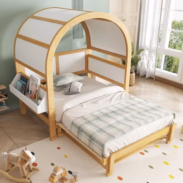 Letto per bambini a forma di casa REDOM in pino e MDF, Bianco e Naturale, L: 140 cm, P: 200 cm