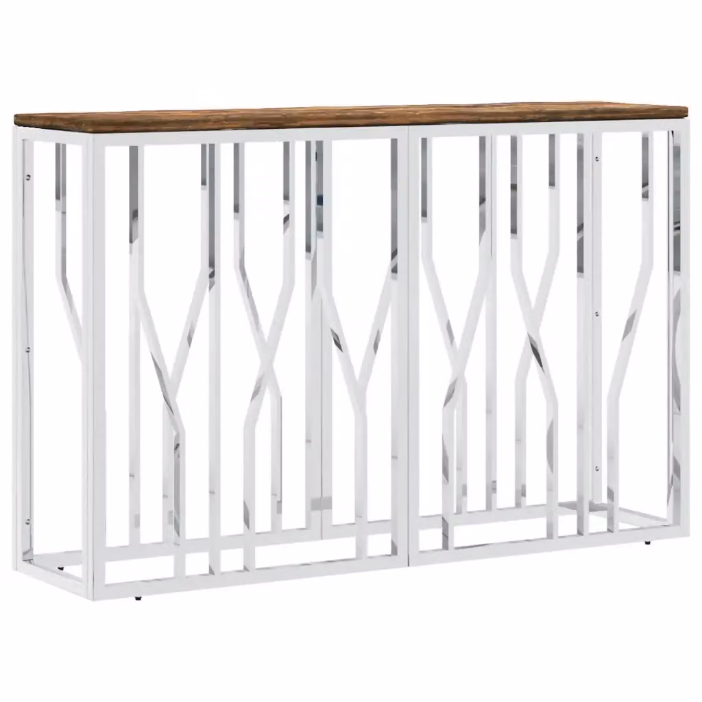 Tavolino Consolle vidaXL in Acciaio Inox e Legno Massello, Colore Argento e Marrone, L/P/H: 110 x 70 x 30 cm – 2