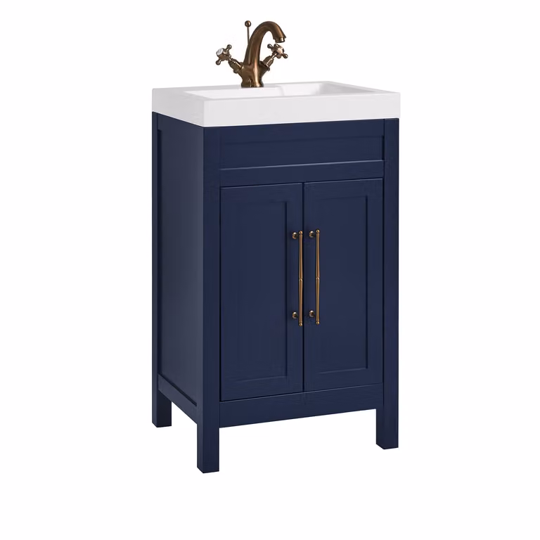 Mobile Bagno Blu Marino da 500mm con Lavabo e Maniglia Classica con Barra a T in in Rame Satinato - Warwick