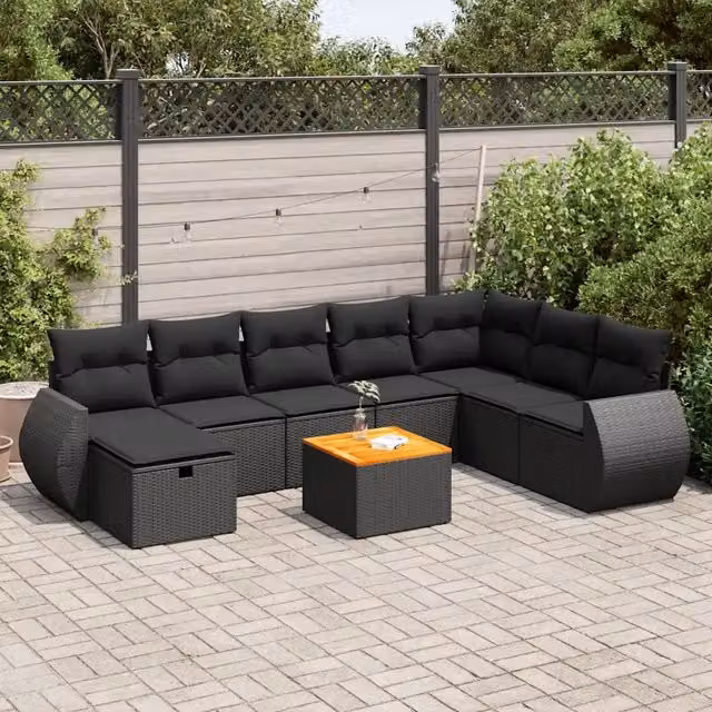 Set Divani da Giardino 9 pz con Cuscini Nero in Polyrattan 3325856