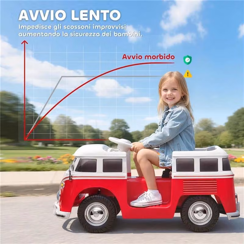 Auto elettrica per bambini Volkswagen T1 con lettore MP3 in metallo e polipropilene, Rosso, L: 89 cm, P: 49 cm, H: 41.5 cm – 2