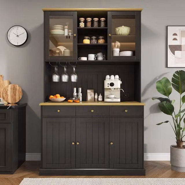 Credenza alta 120×40×191 cm nera con ante in vetro