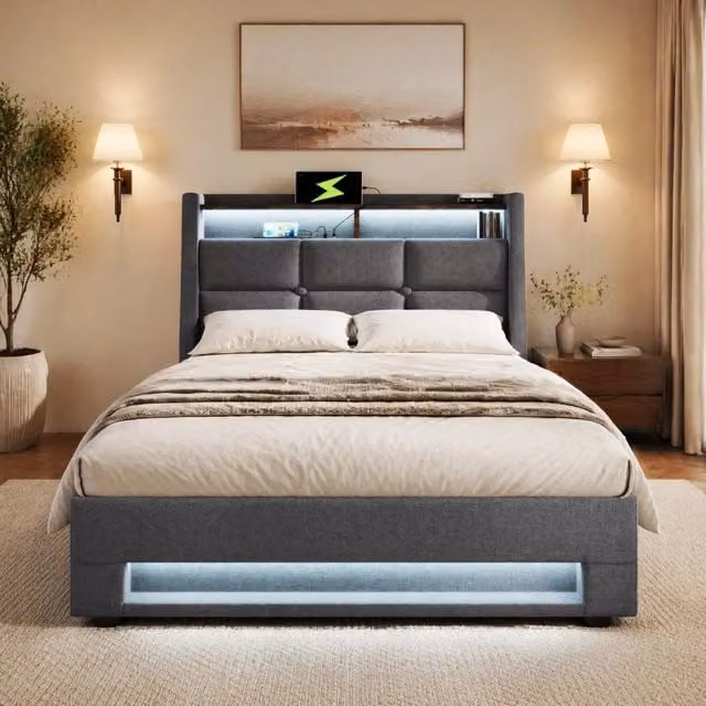 Letto imbottito con LED e USB 90x200 cm; spazio contenitore; rivestimento in lino grigio