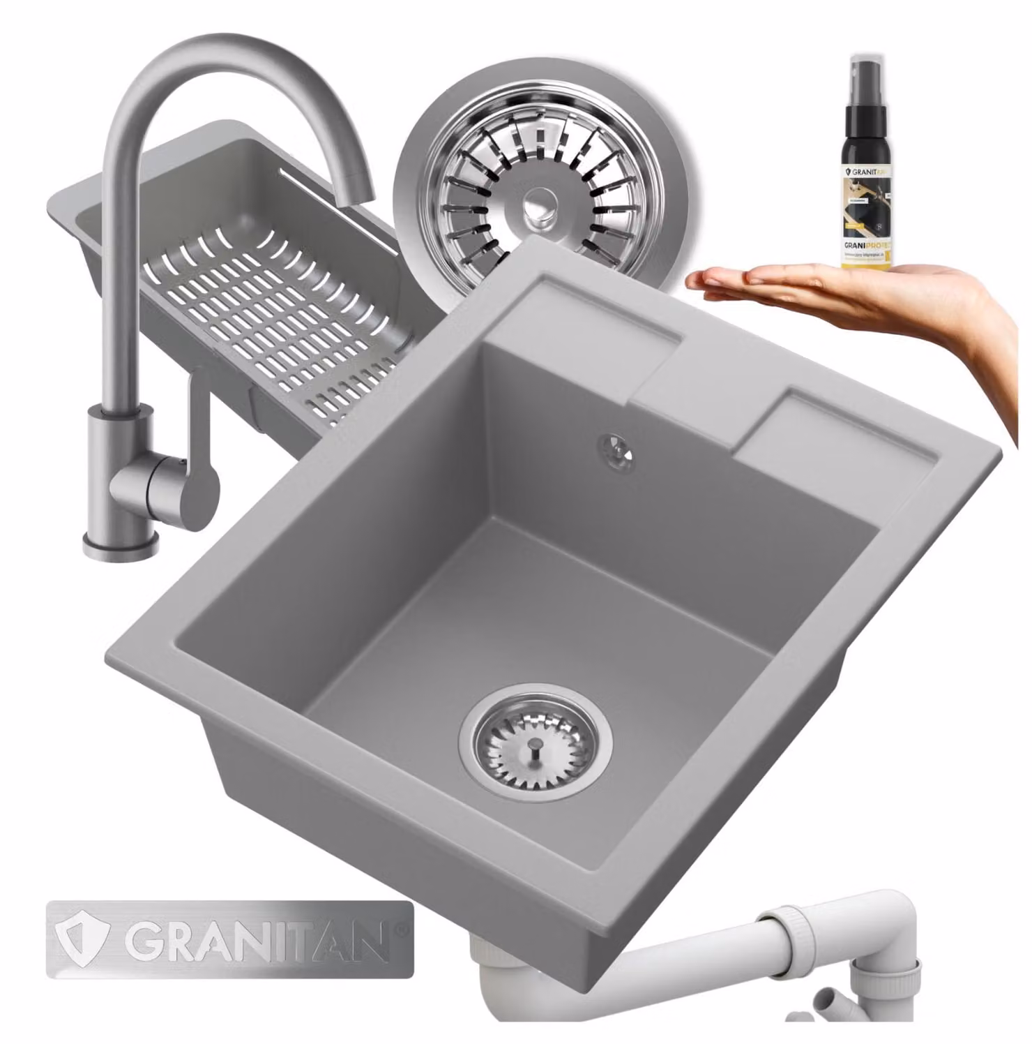 Granitan - Lavello in granito - Lavello da cucina - Lavello 50x40 cm - Grigio - con rubinetteria e accessori - Lavello - BEST