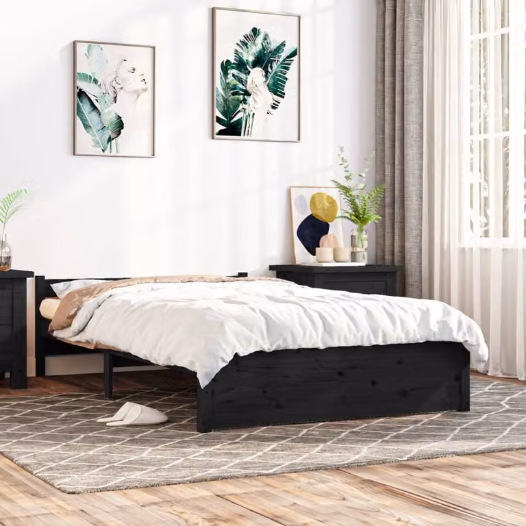 The Living Store Letto in legno massiccio nero 135x190 cm