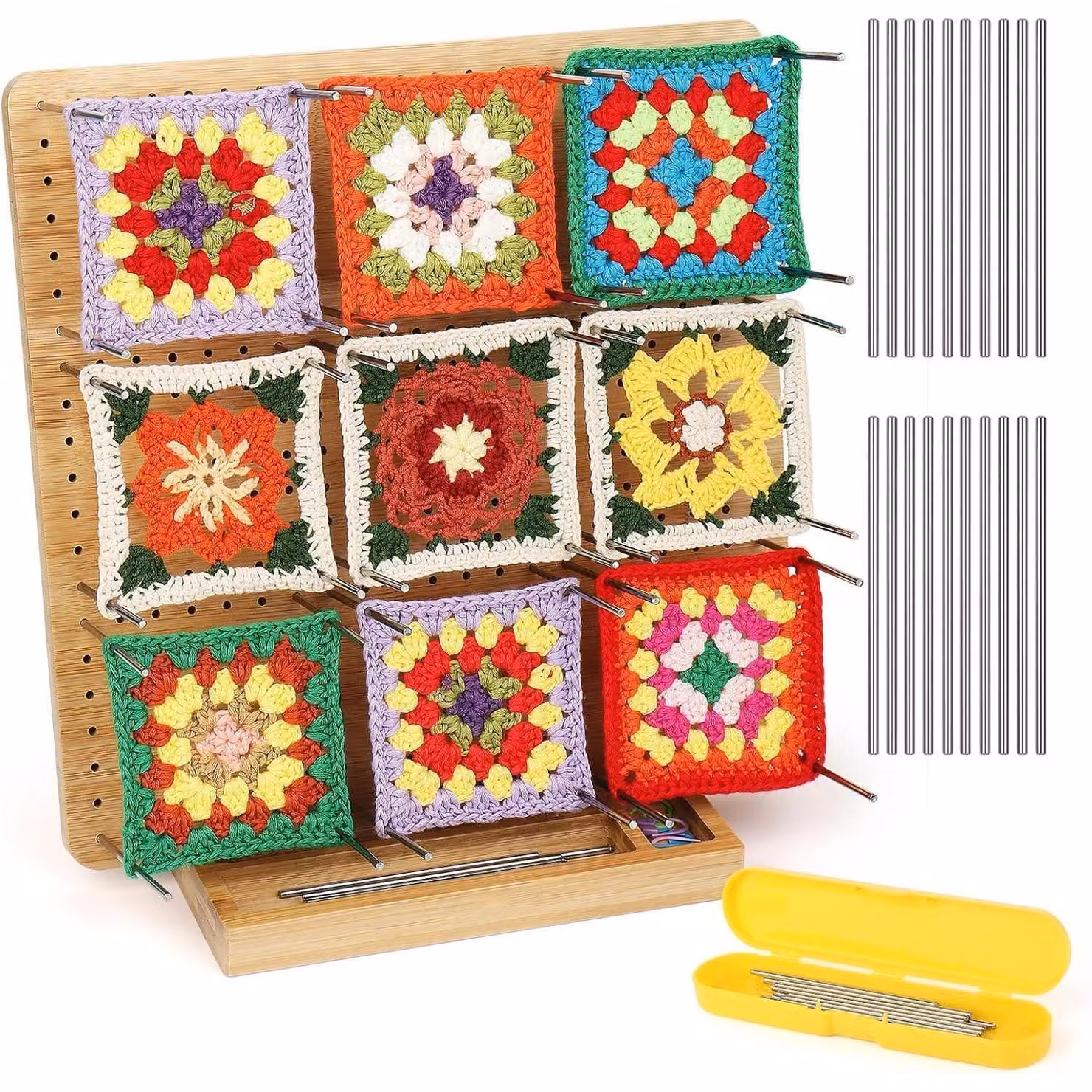 Tavola di legno per realizzare granny squares, dimensioni 29 cm, con 20 perline in acciaio inossidabile e contenitore per la conservazione
