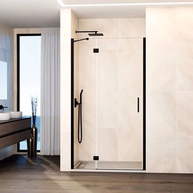 Box doccia frontale GLASS fisso + porta battente 100 cm (94,5-100; fisso 25+porta 70) nero trasparente