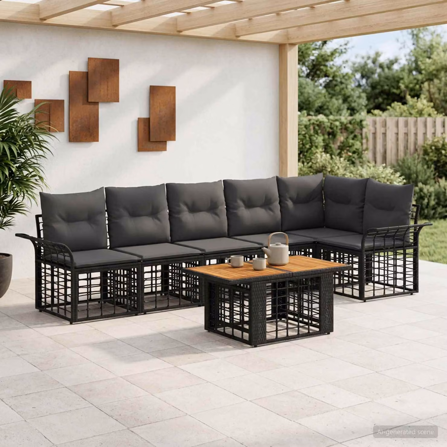 Set Divano da Giardino vidaXL 7 Pezzi in Polyrattan con Tavolino e Cuscini, Design Moderno a L, Nero e Grigio