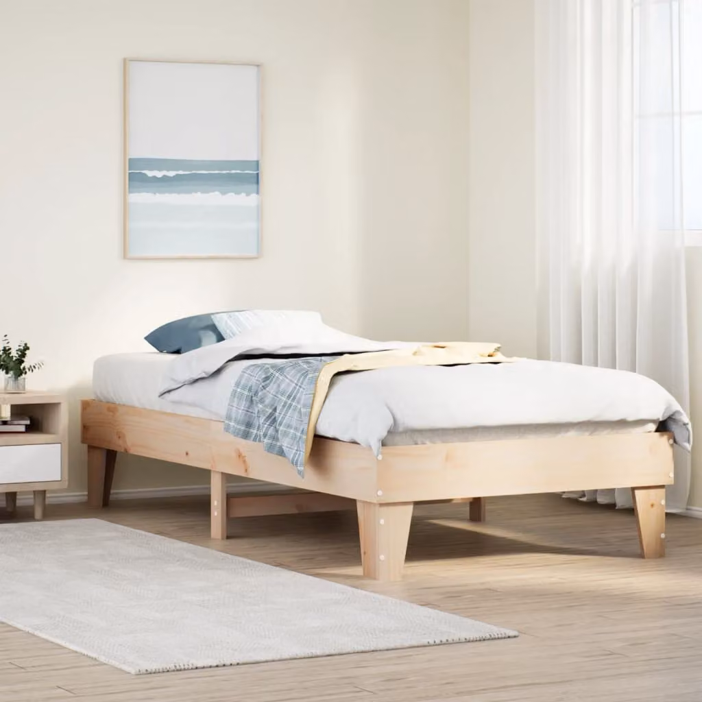 Letto singolo vidaXL in legno massello di pino naturale stile rustico, L/P/H: 90 x 190 x 36 cm
