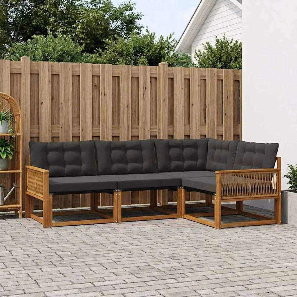 Set di divani da esterno a L vidaXL in legno di acacia e textilene, 4 pezzi, Marrone e Nero