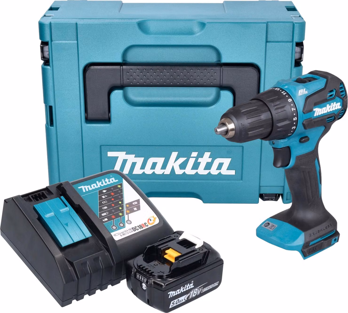 Makita DHP 490 RT1J Trapano avvitatore a percussione a batteria 18 V 65 Nm Brushless + 1x batteria 5,0 Ah + caricabatteria + Makpac