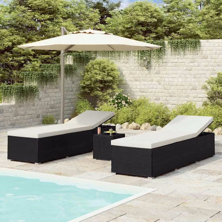 Set di 3 lettini prendisole con tavolino vidaXL in polyrattan nero e bianco con poggiatesta regolabile e vassoio laterale
