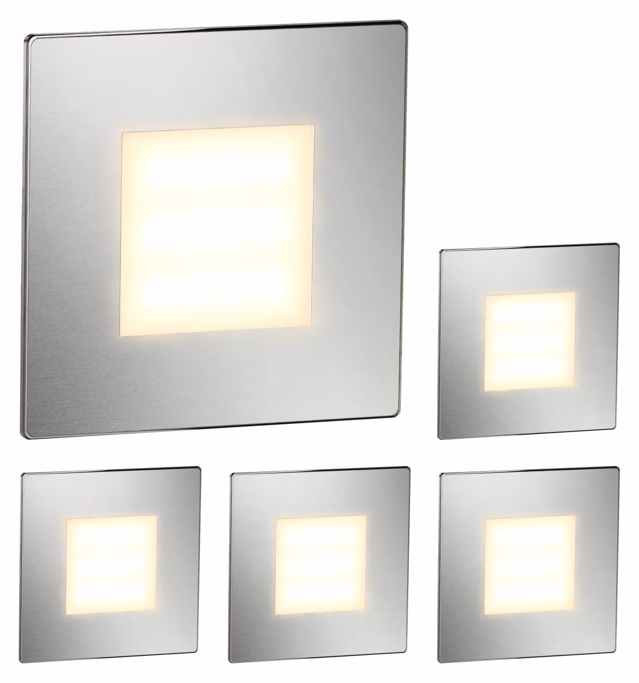 ledscom.de, 5 luci LED per scale/applique da parete FEX, adatte per interni ed esterni, a forma quadrata, in acciaio inossidabile, 85 x 85 mm, luce bianco caldo