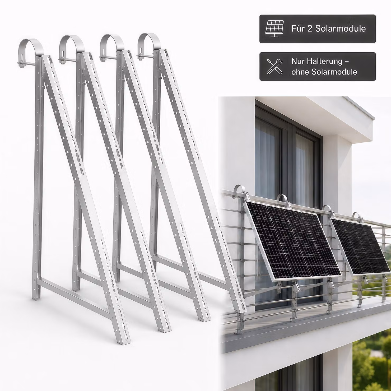 Supporto per impianti solari da balcone, adatto per 2 pannelli solari, realizzato in alluminio, con gancio da 75 mm, regolabile da 0° a 90°, ideale per balconi