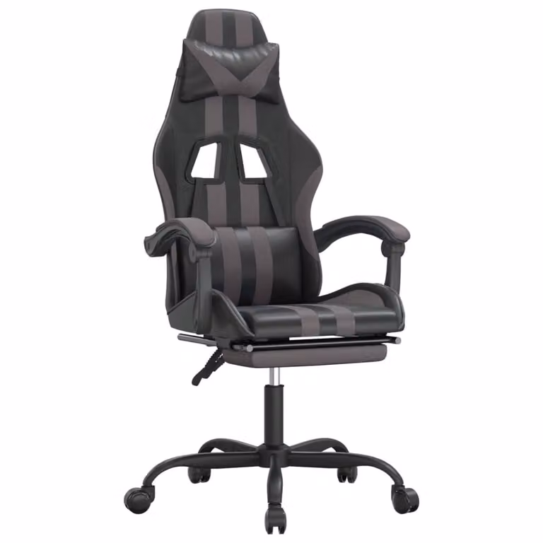 Sedia da Gaming con Poggiapiedi Nero e Grigio in Pelle finta