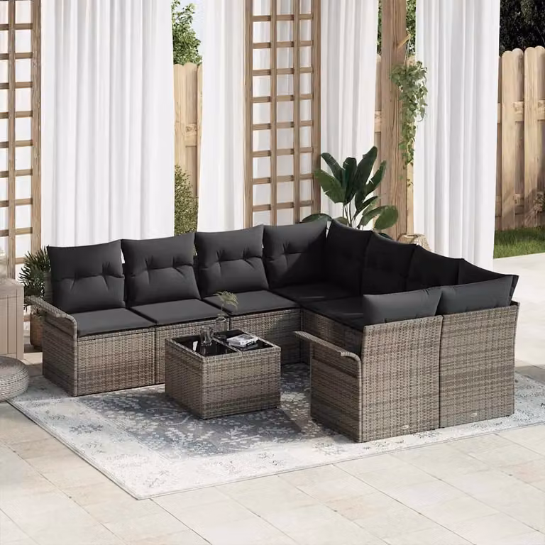 Set Divano da Giardino a L vidaXL 9 pz Grigio con Cuscini e Tavolino in Polyrattan e Metallo
