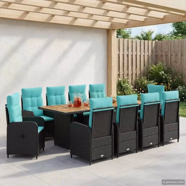 Set da pranzo per esterni vidaXL in polyrattan e legno di acacia da 11 pezzi, Nero e Turchese – 1