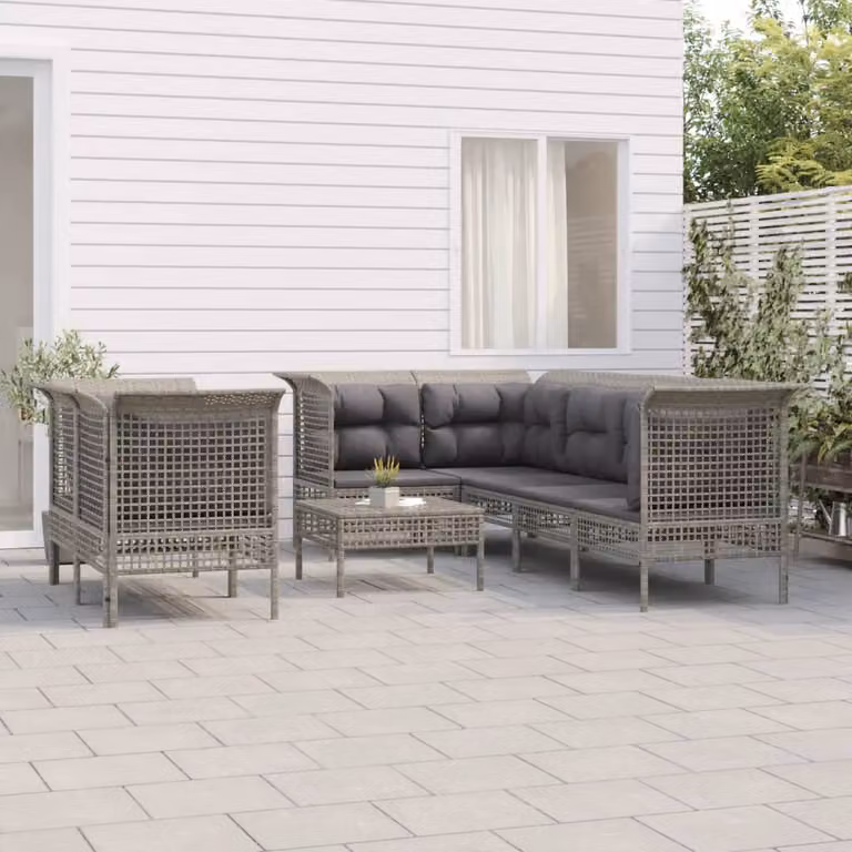 Set di divani da giardino vidaXL in rattan grigio con cuscini e pouf, design moderno a L con struttura in metallo e imbottitura mista