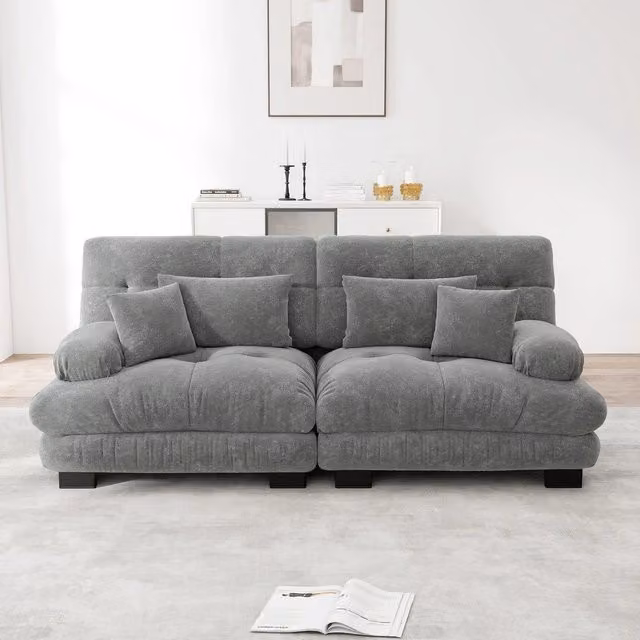 Divano angolare ¨C Minimal ¨C tessuto chenille grigio, struttura in legno massello, con cuscini
