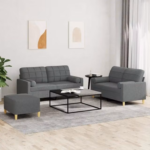 Set di divani 3 pezzi vidaXL in tessuto grigio con cuscini per soggiorno in stile moderno – 1