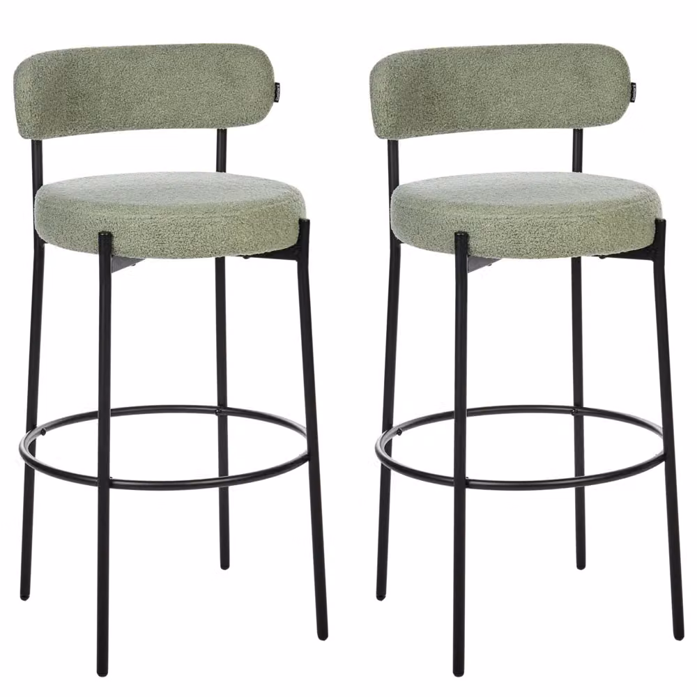 Set di 2 sedie da bar BELIANI in tessuto bouclé verde chiaro con gambe in metallo nero opaco stile moderno – 2