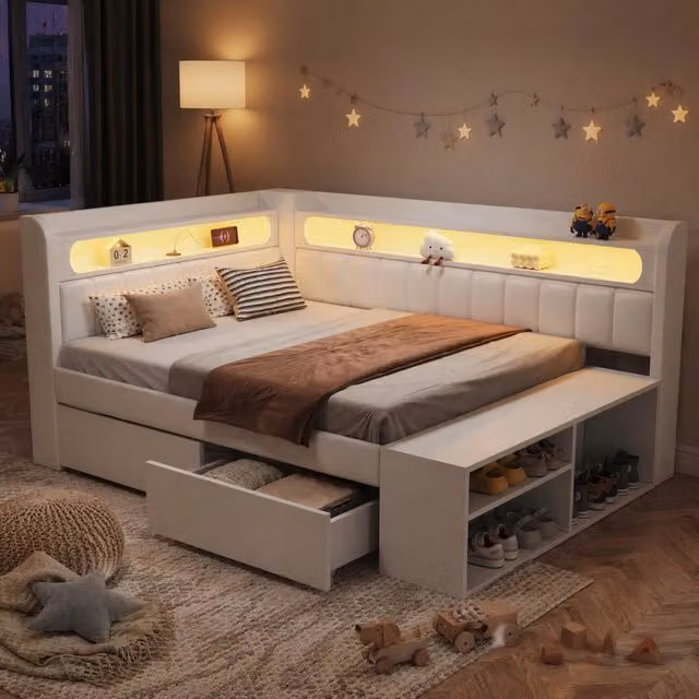 Letto singolo imbottito 90 × 200 cm con USB LED a sette colori due cassetti scarpiera bianco